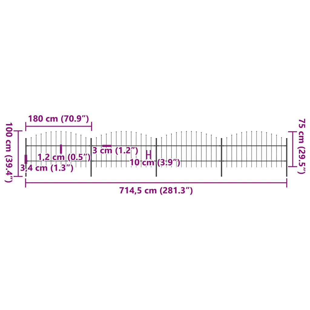 havehegn med spydtop stål 714,5x100 cm sort