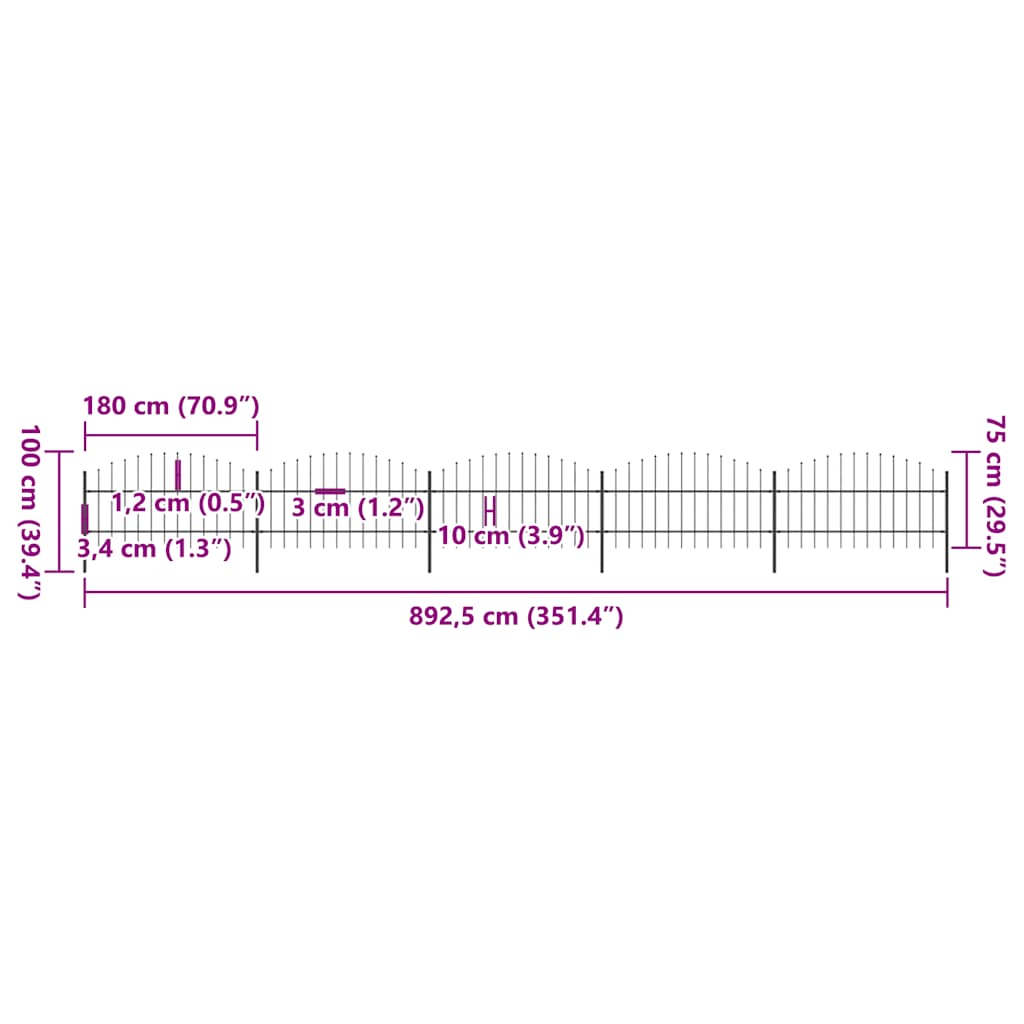 havehegn med spydtop stål 892,5x100 cm sort