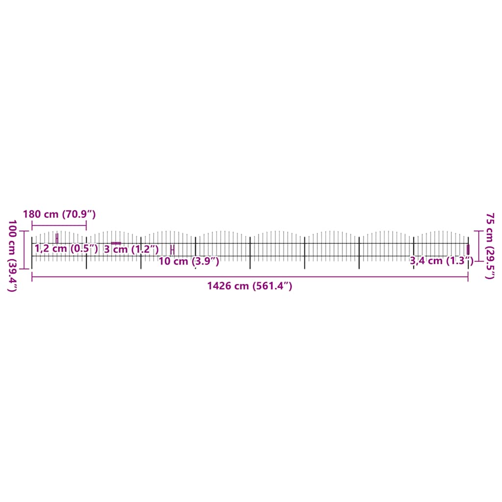 havehegn med spydtop stål 1426x100 cm sort