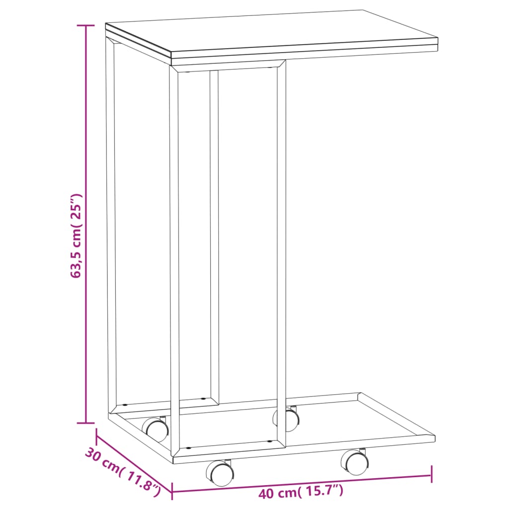 sidebord med hjul 40x30x63,5 cm konstrueret træ sort