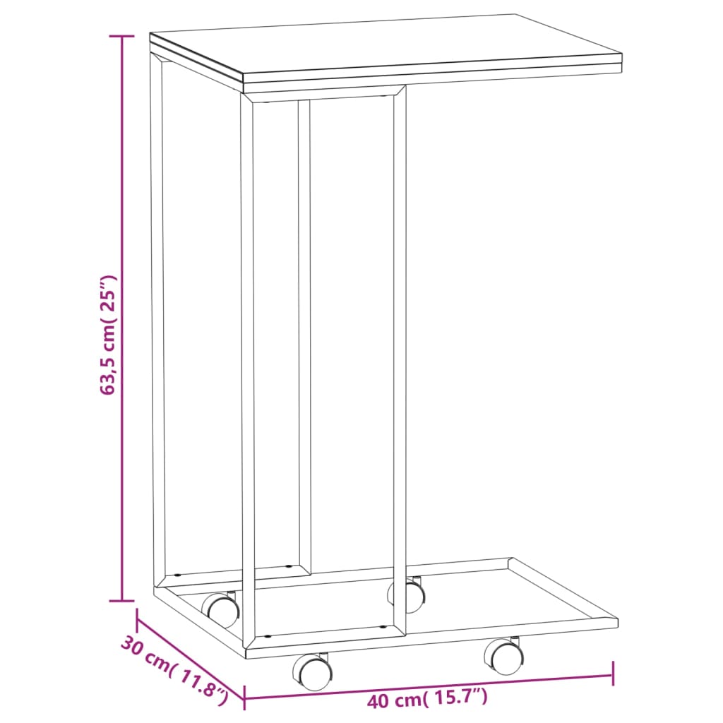 sidebord med hjul 40x30x63,5 cm konstrueret træ sort