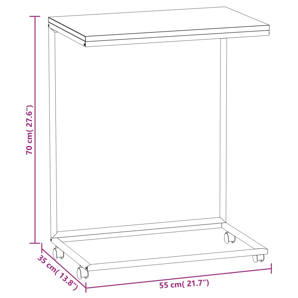 sidebord med hjul 55x35x70 cm konstrueret træ sort
