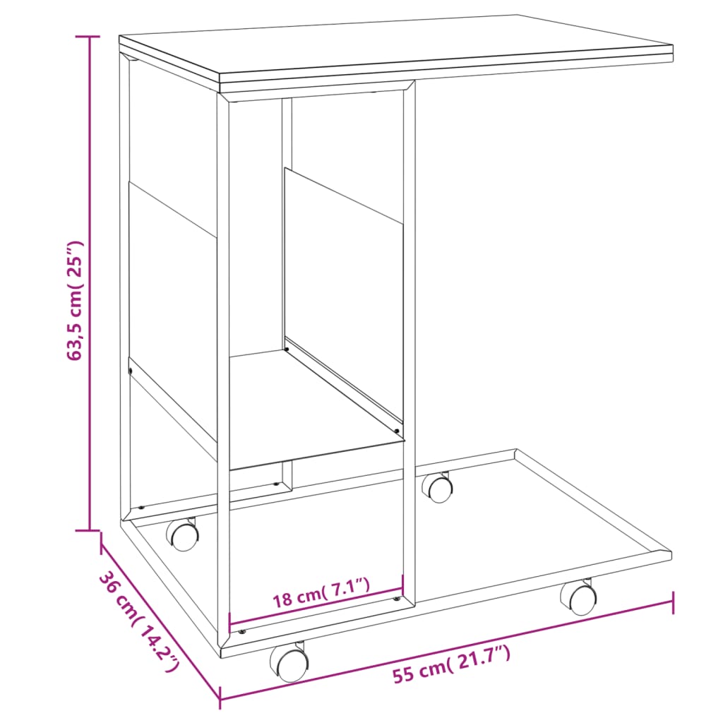 sidebord med hjul 55x36x63,5 cm konstrueret træ hvid