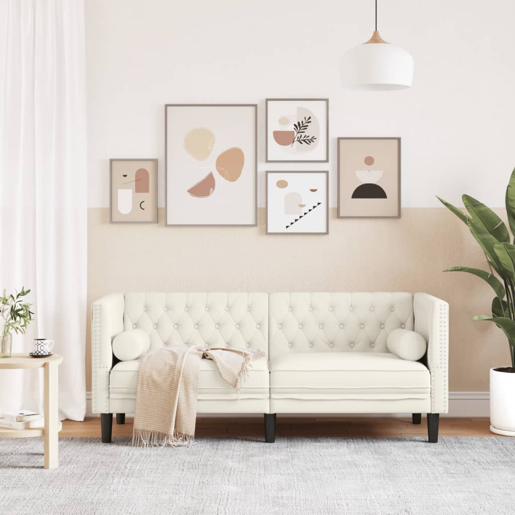 2-personers Chesterfield-sofa m. bolsterpuder fløjl cremefarvet