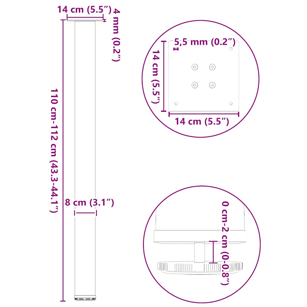 barbordsben 4 stk. naturstål 110-112 cm stål