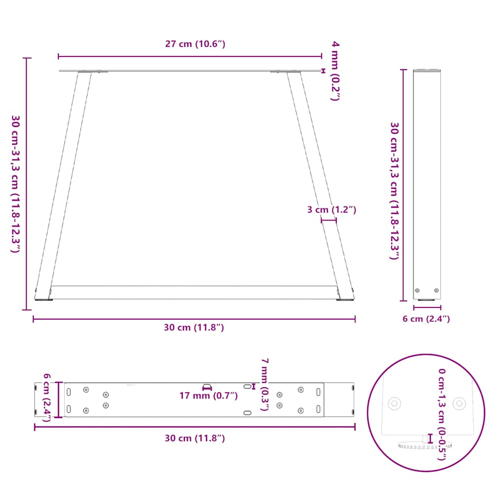 sofabordsben V-formet 2 stk. sort 30x(30-31,3) cm stål