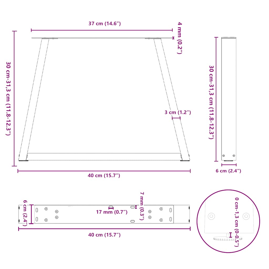 sofabordsben V-formet 2 stk. naturstål 40x(30-31,3) cm stål