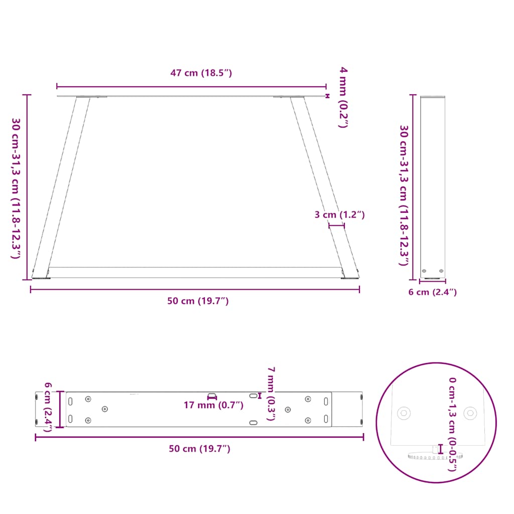 sofabordsben V-formet 2 stk. naturstål 50x(30-31,3) cm stål