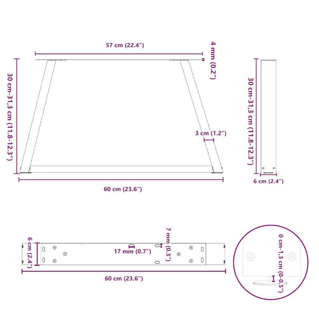 sofabordsben V-formet 2 stk. naturstål 60x(30-31,3) cm stål