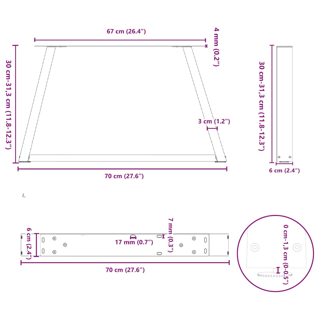 sofabordsben V-formet 2 stk. sort 70 x (30-31,3) cm stål