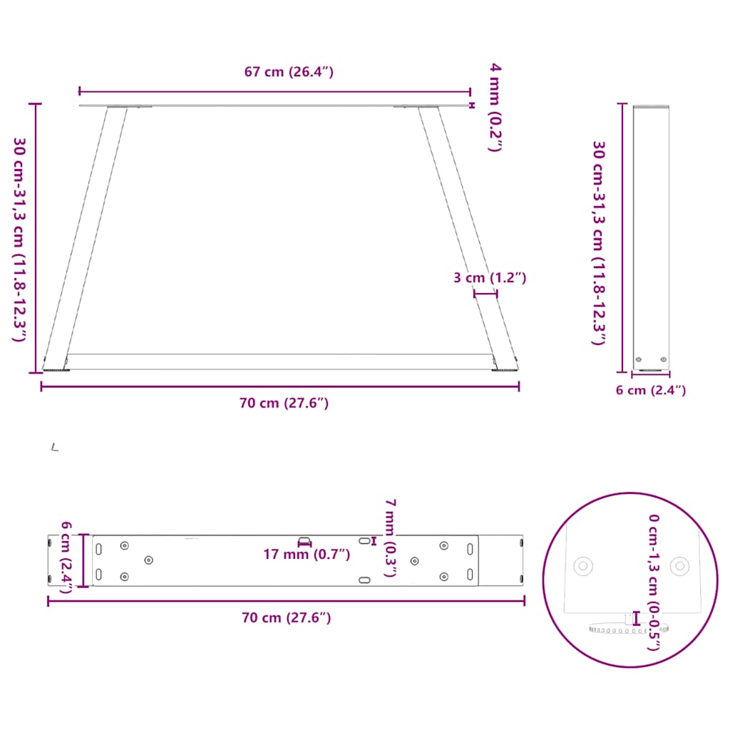 sofabordsben V-formet 2 stk. naturstål 70x(30-31,3) cm stål