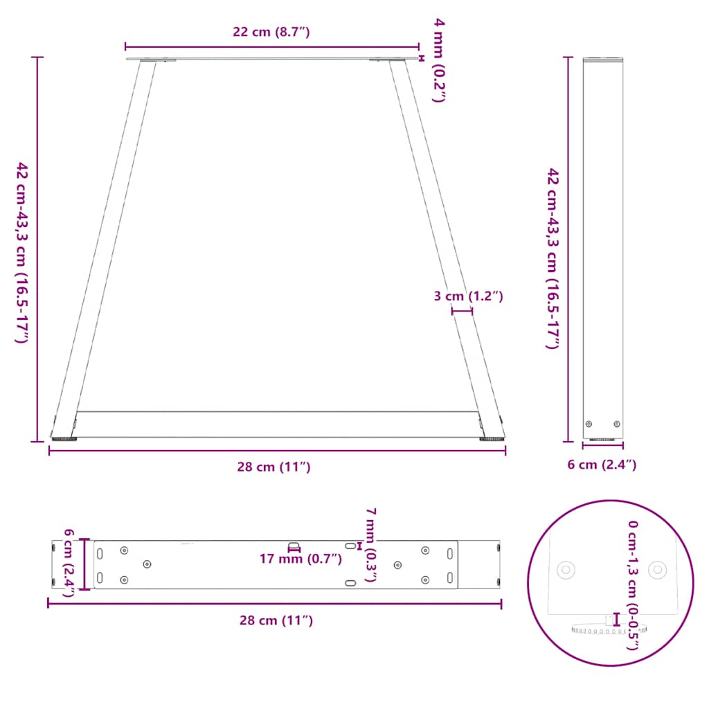 sofabordsben V-formet 2 stk. sort 28 x (42-43,3) cm stål