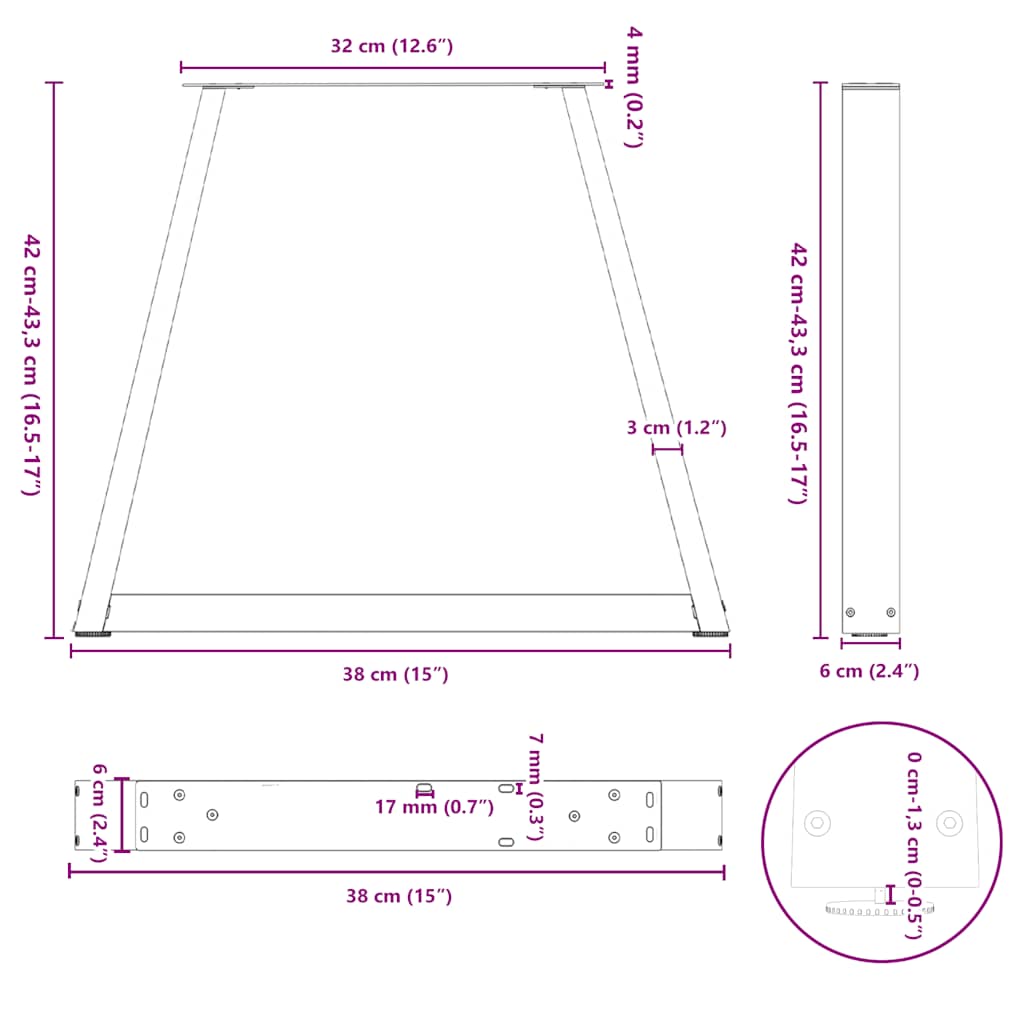 sofabordsben V-formet 2 stk. sort 38 x (42-43,3) cm stål