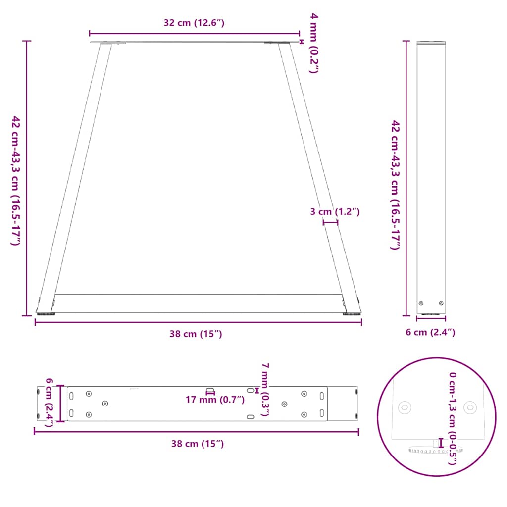 sofabordsben V-formet 2 stk. antracit 38 x (42-43,3) cm stål