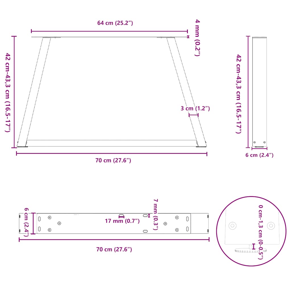sofabordsben V-formet 2 stk. sort 70 x (42-43,3) cm stål
