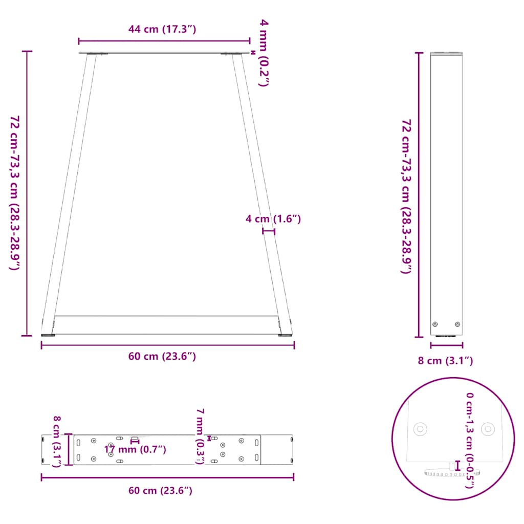 spisebordsben V-formet 2 stk. naturstål 60 x (72-73,3) cm stål