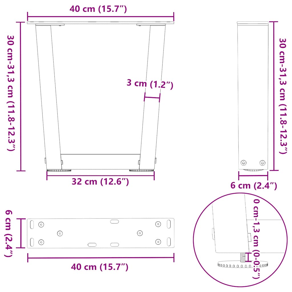 sofabordsben V-formet 2 stk. naturstål 40x(30-31,3) cm stål