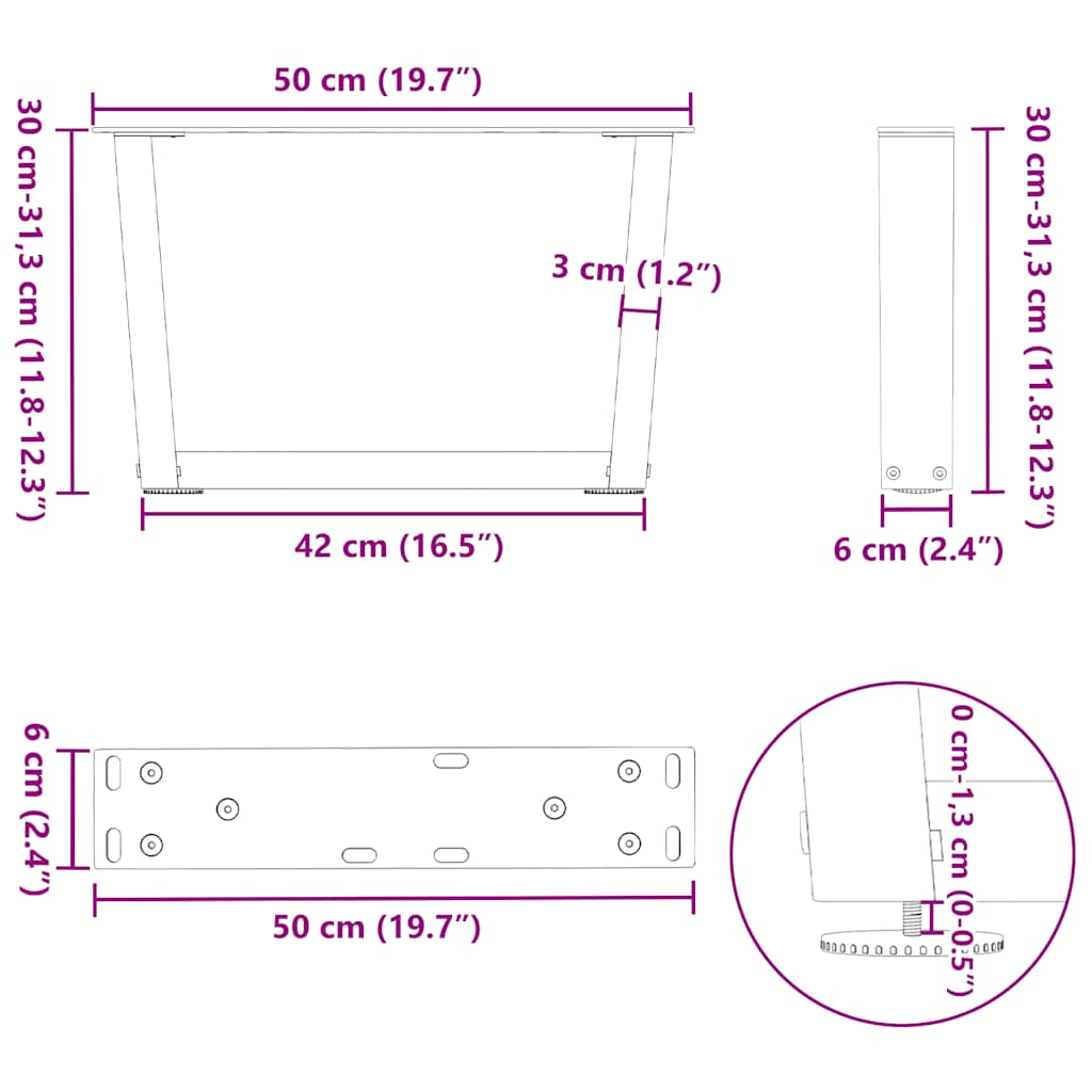 sofabordsben V-formet 2 stk. sort 50x(30-31,3) cm stål