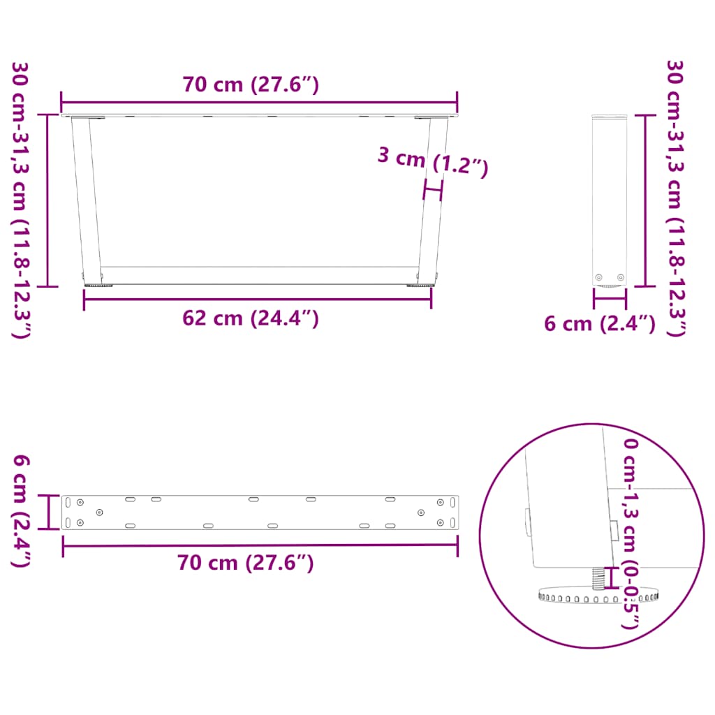 sofabordsben V-formet 2 stk. hvid 70 x (30-31,3) cm stål