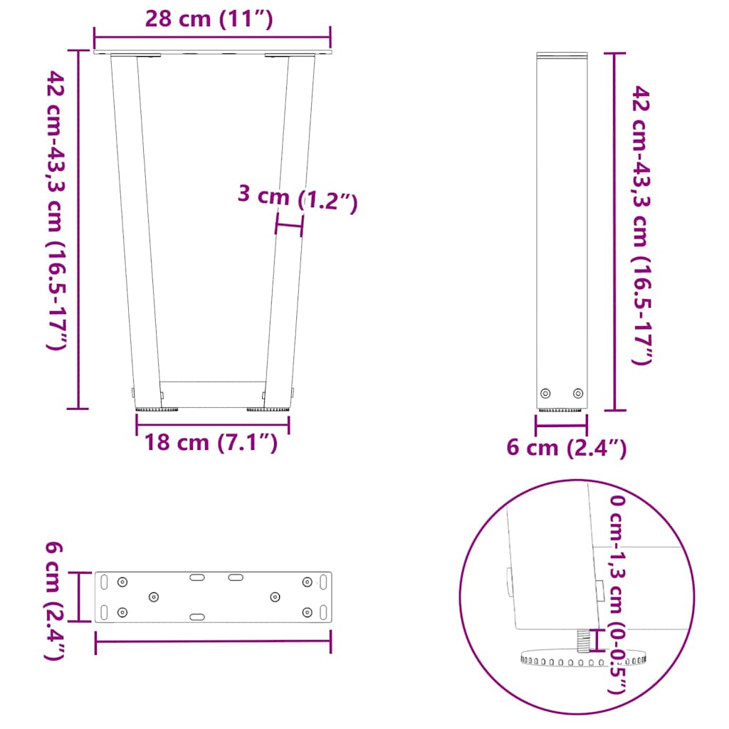 sofabordsben V-formet 2 stk. sort 28 x (42-43,3) cm stål