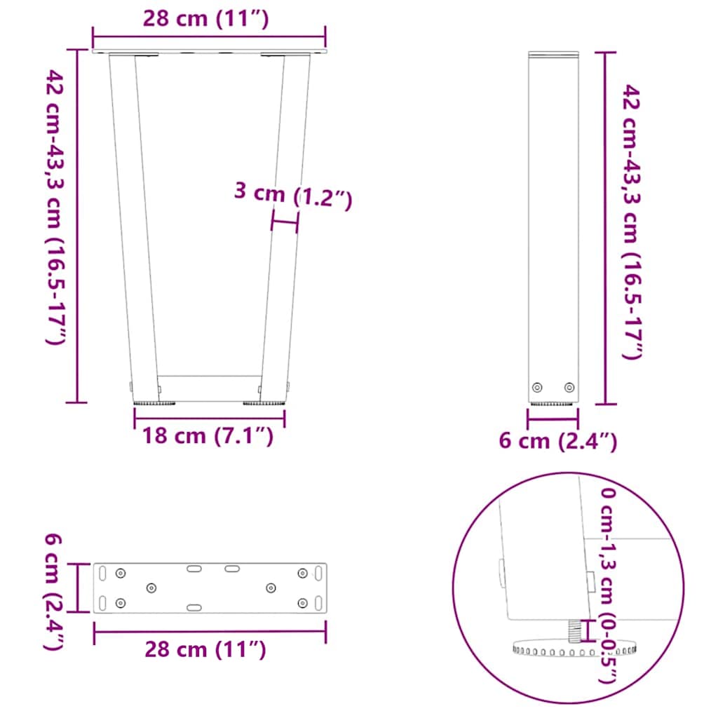sofabordsben V-formet 2 stk. antracit 28 x (42-43,3) cm stål