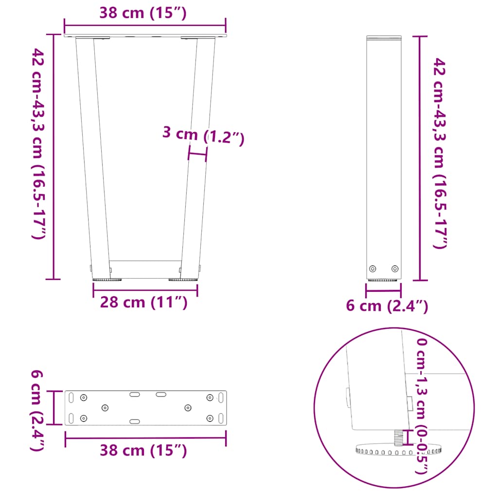 sofabordsben V-formet 2 stk. sort 38 x (42-43,3) cm stål