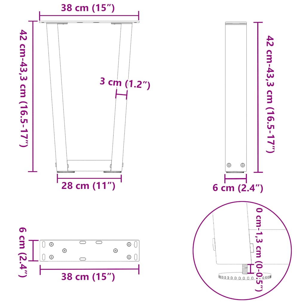 sofabordsben V-formet 2 stk. naturstål 38 x (42-43,3) cm stål