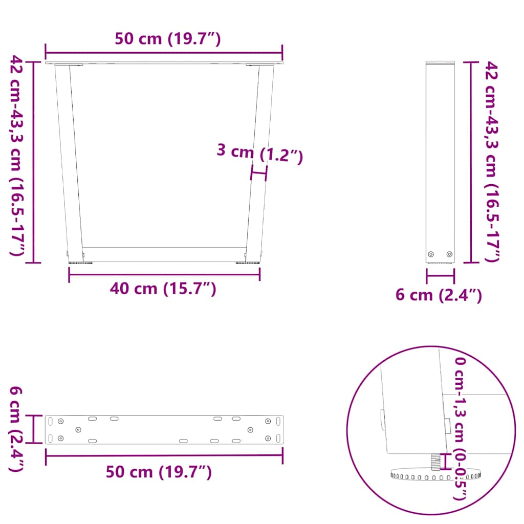 sofabordsben V-formet 2 stk. naturstål 50x(42-43,3) cm stål