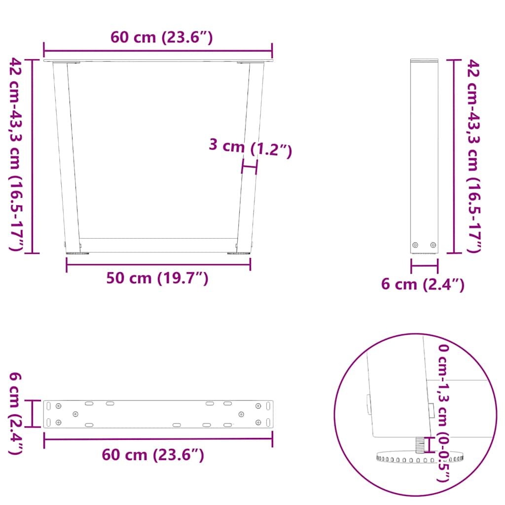 sofabordsben V-formet 2 stk. sort 60 x (42-43,3) cm stål
