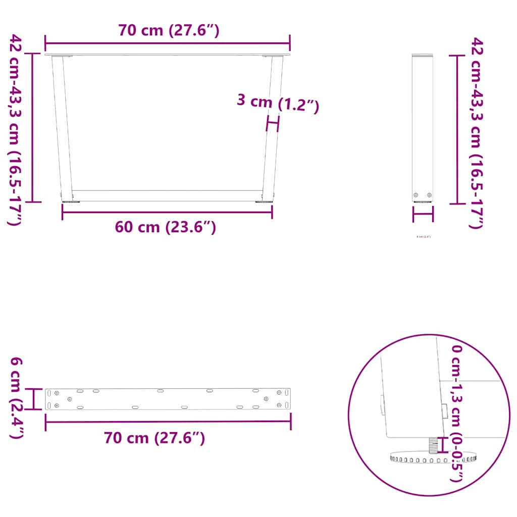 sofabordsben V-formet 2 stk. hvid 70 x (42-43,3) cm stål