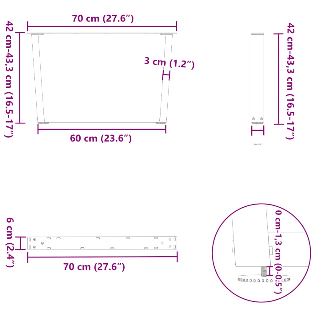 sofabordsben V-formet 2 stk. antracit 70 x (42-43,3) cm stål