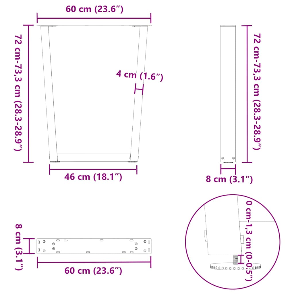 spisebordsben V-formet 2 stk. sort 60 x (72-73,3) cm stål