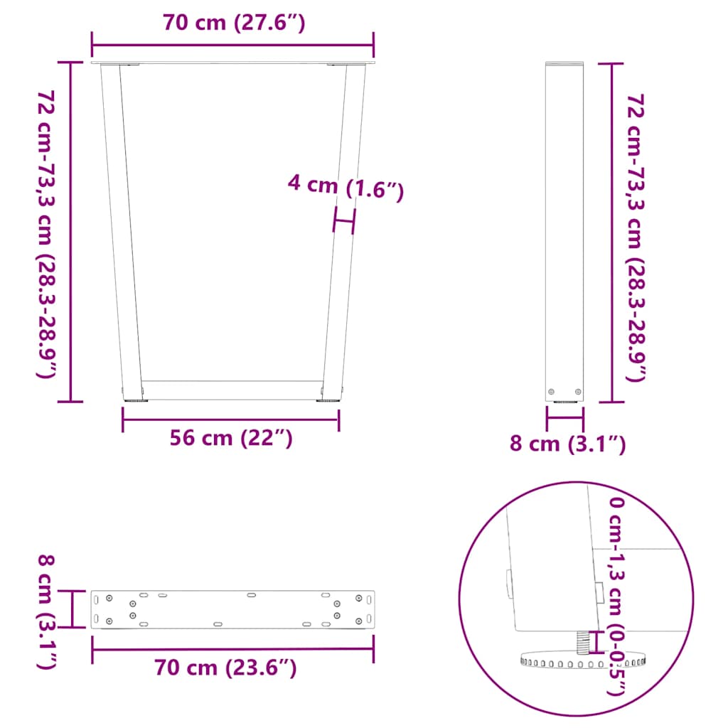 spisebordsben V-formet 2 stk. hvid 70 x (72-73,3) cm stål