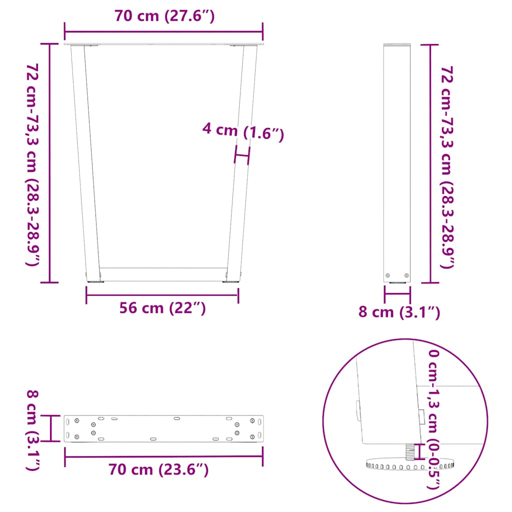 spisebordsben V-formet 2 stk. antracit 70 x (72-73,3) cm stål