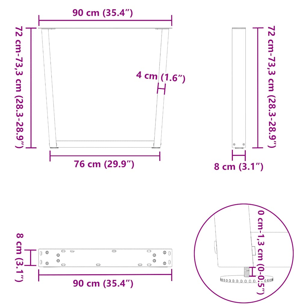 spisebordsben V-formet 2 stk. naturstål 90 x (72-73,3) cm stål