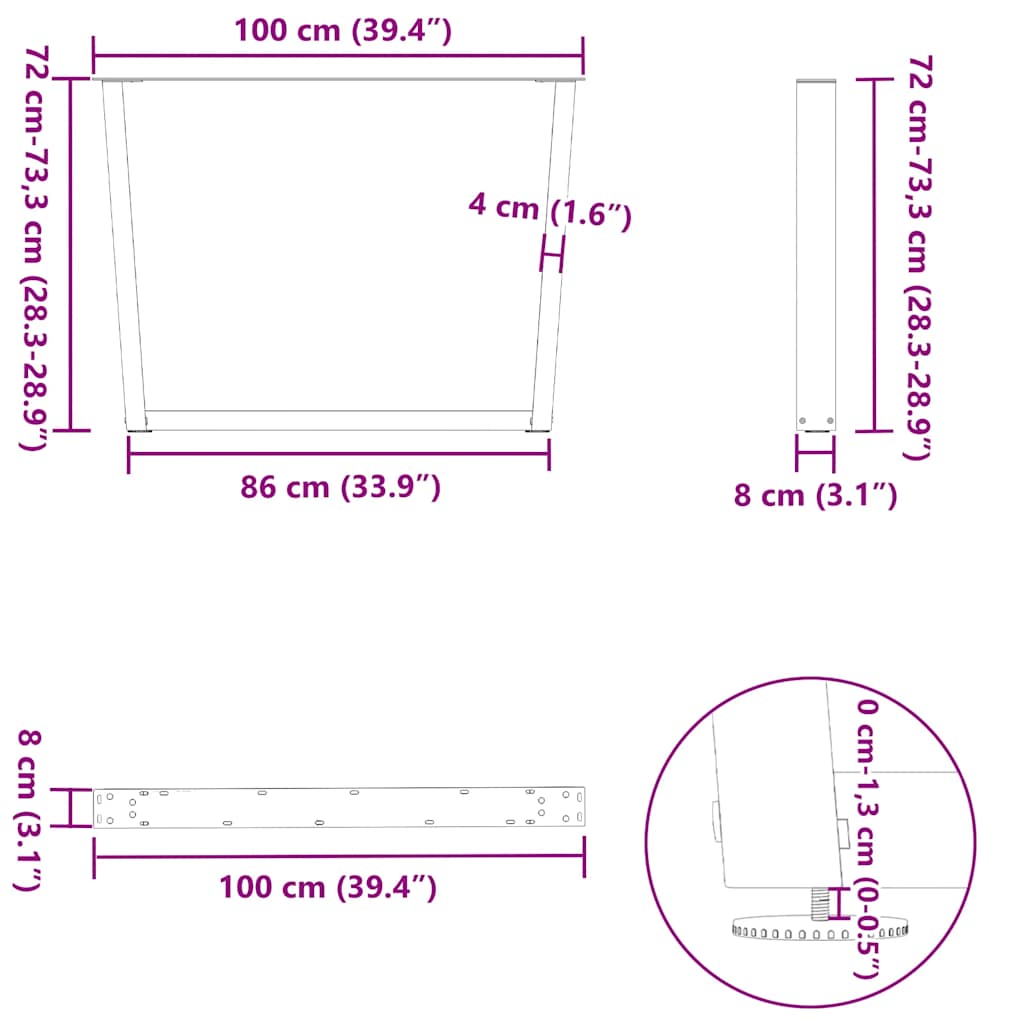 spisebordsben V-formet 2 stk. sort 100x(72-73,3) cm stål