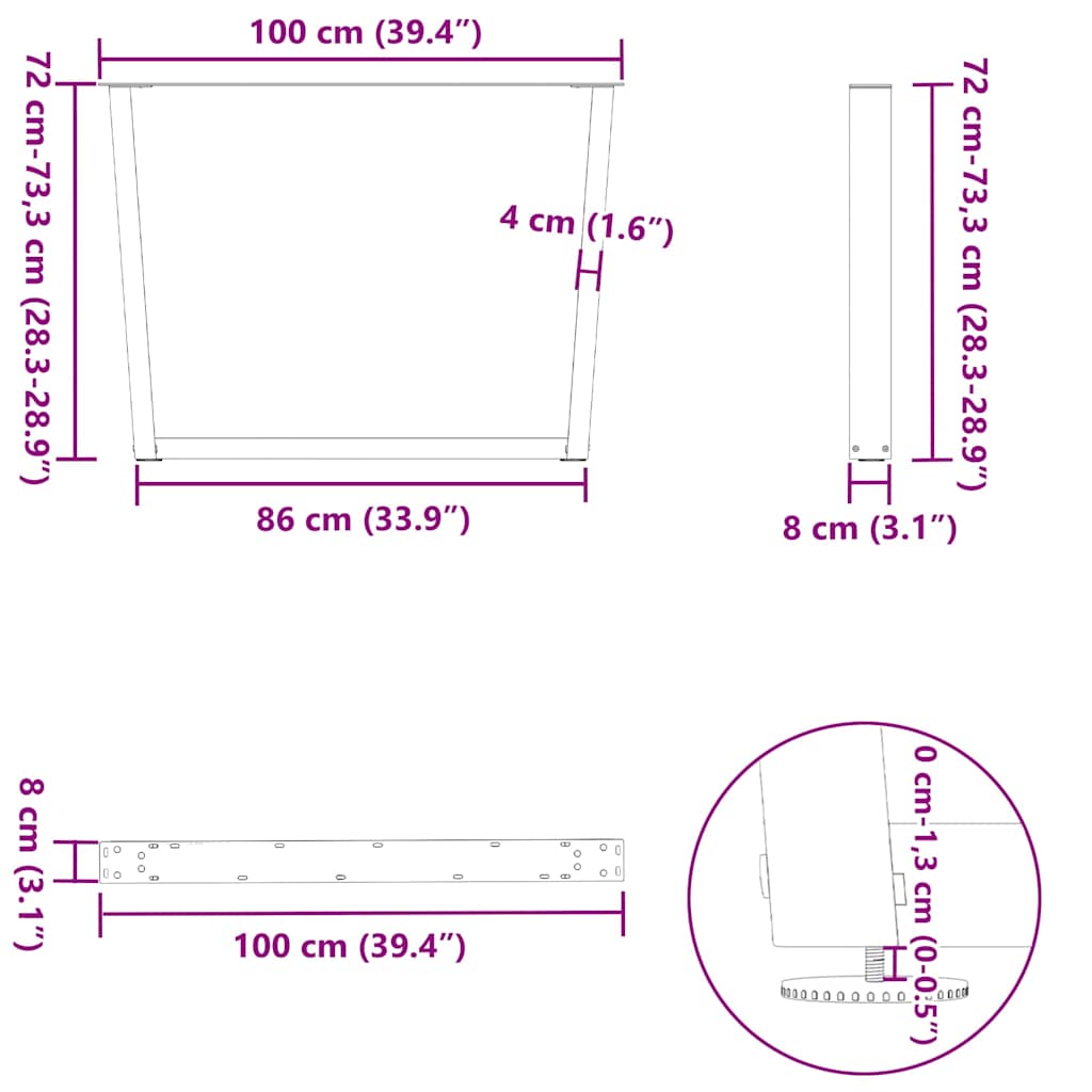 spisebordsben V-formet 3 stk. sort 100x(72-73,3) cm stål