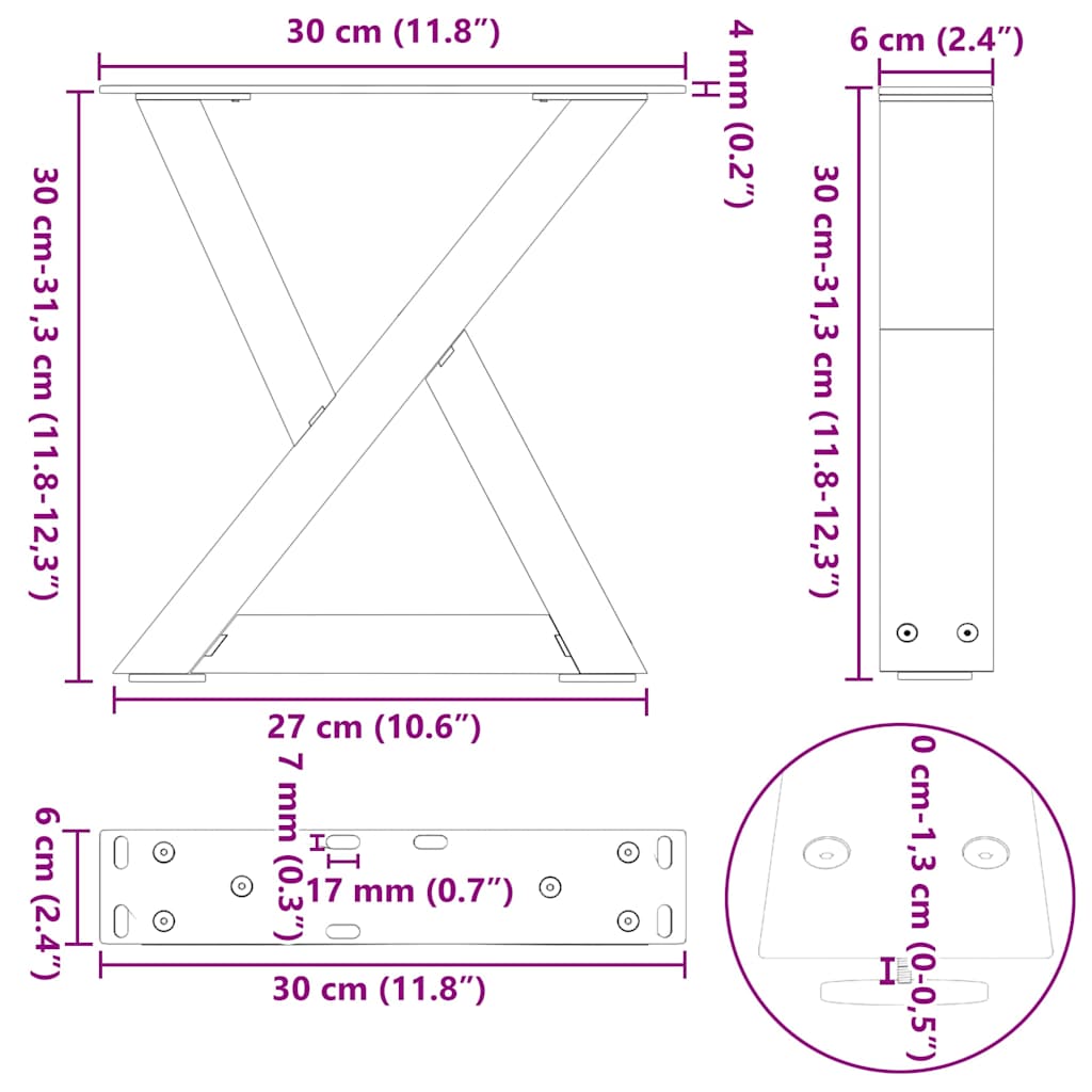 sofabordsben 2 stk. hvid 30x(30-31,3) cm stål