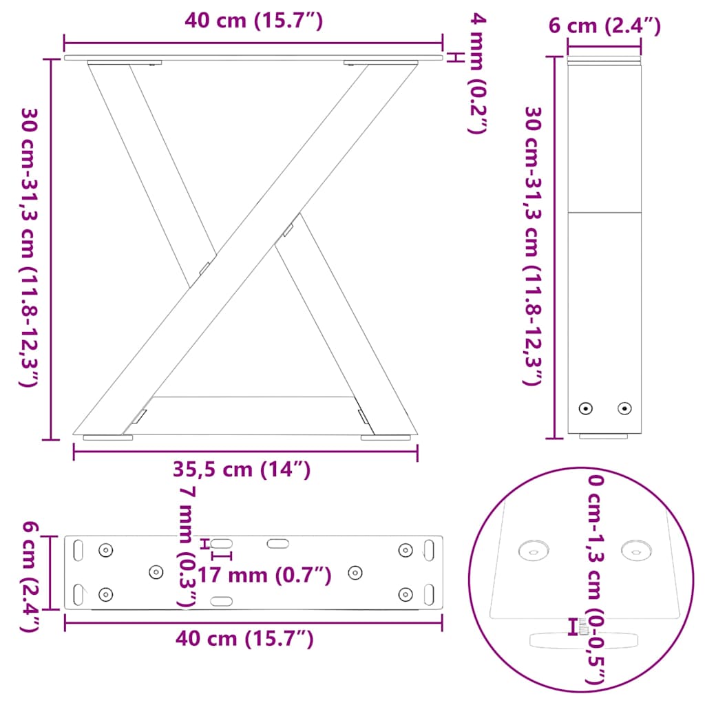 sofabordsben 2 stk. naturstål 40x(30-31,3) cm stål