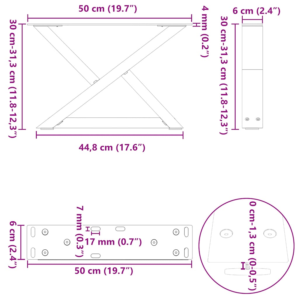 sofabordsben 2 stk. naturstål 50x(30-31,3) cm stål