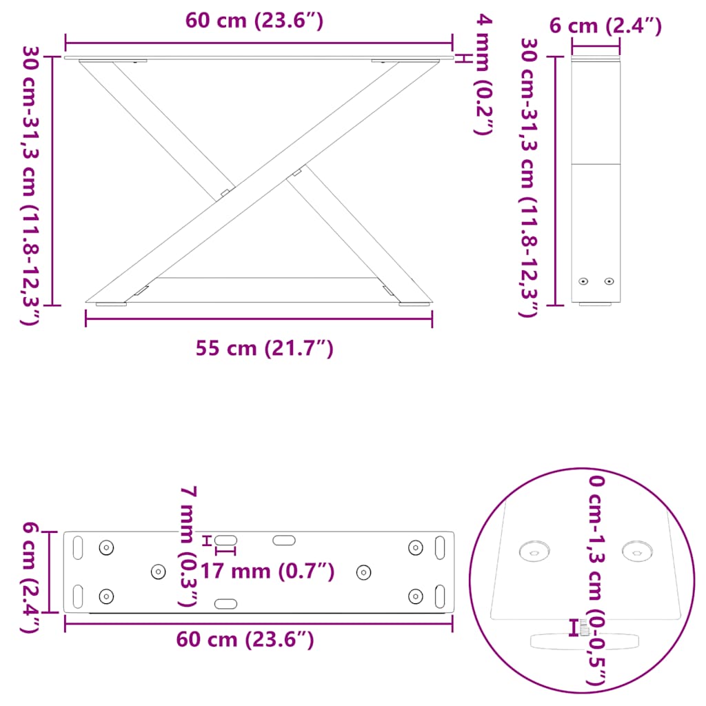 sofabordsben 2 stk. sort 60 x (30-31,3) cm stål