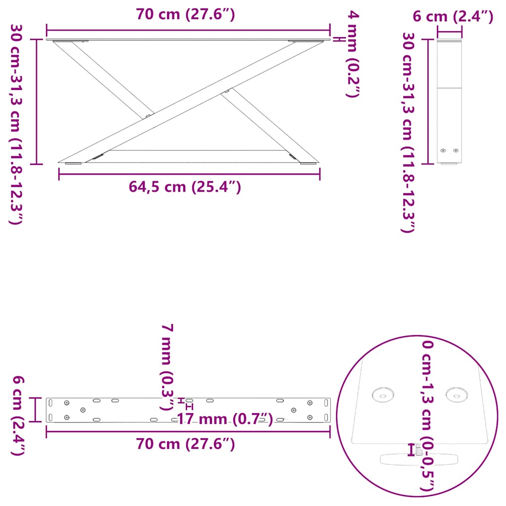 sofabordsben 2 stk. sort 70 x (30-31,3) cm stål