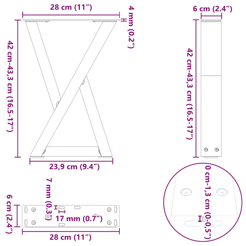sofabordsben 2 stk. antracit 28 x (42-43,3) cm stål