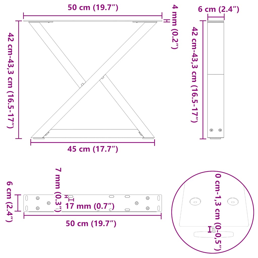sofabordsben 2 stk. naturstål 50x(42-43,3) cm stål