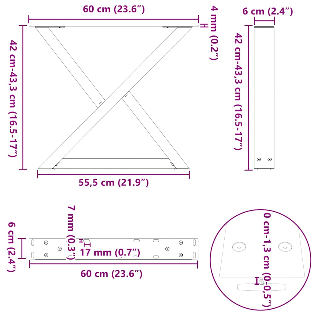 sofabordsben 2 stk. antracit 60 x (42-43,3) cm stål