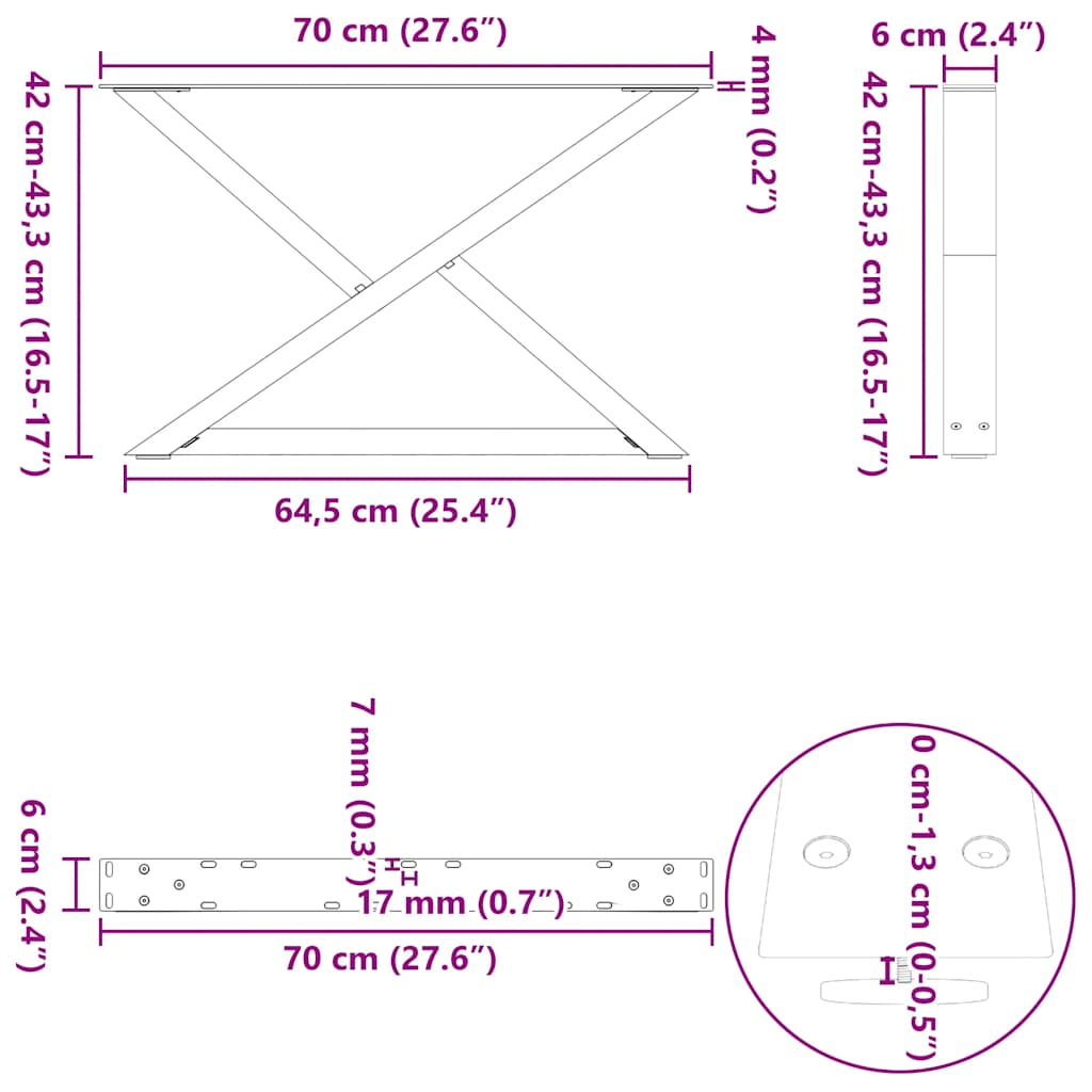 sofabordsben 2 stk. antracit 70 x (42-43,3) cm stål