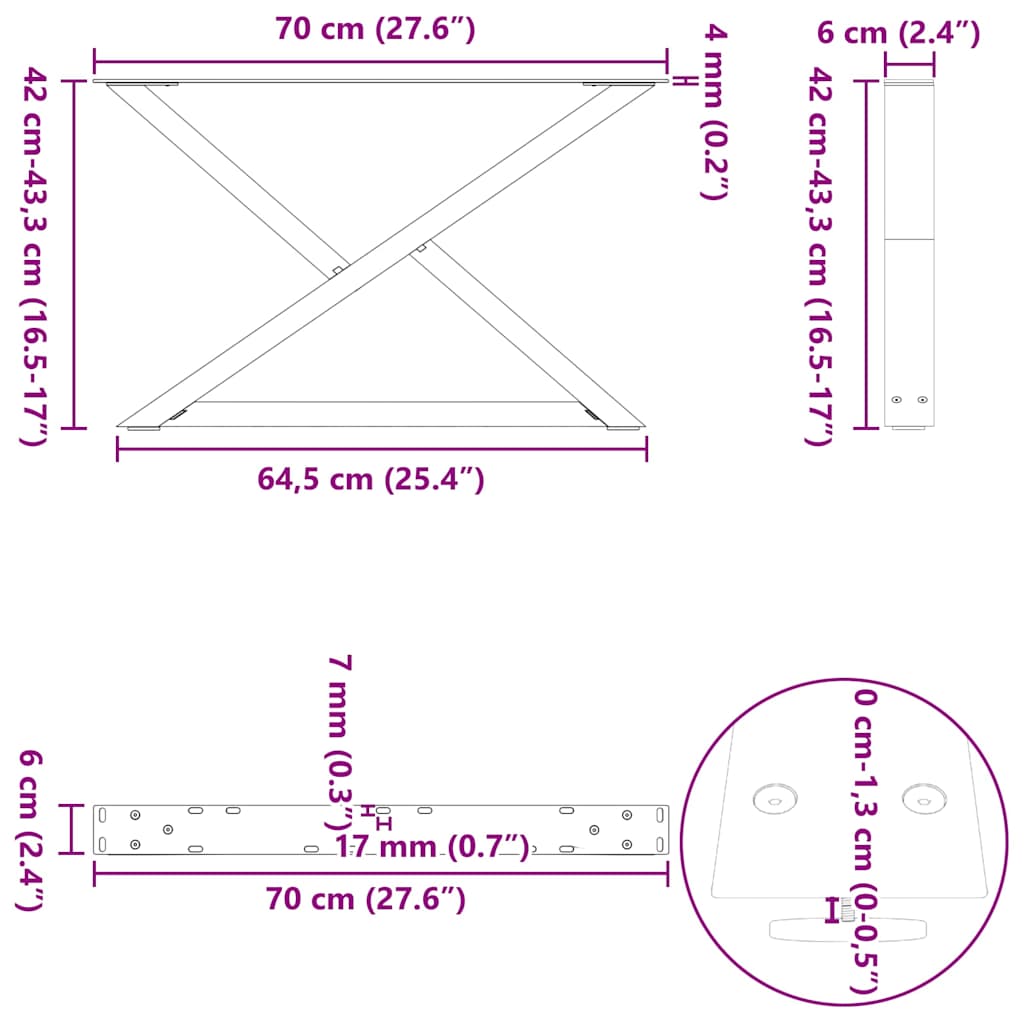 sofabordsben 2 stk. naturstål 70 x (42-43,3) cm stål