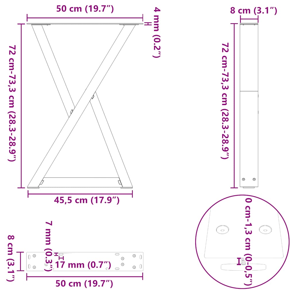 spisebordsben 2 stk. naturstål 50x(72-73,3) cm stål