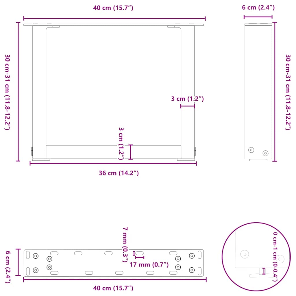 sofabordsben U-formet 2 stk. naturstål 40x(30-31) cm stål