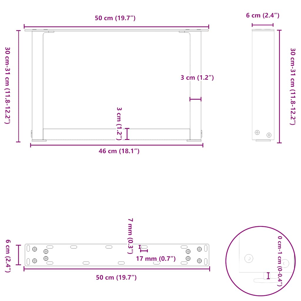 sofabordsben U-formet 2 stk. hvid 50x(30-31) cm stål
